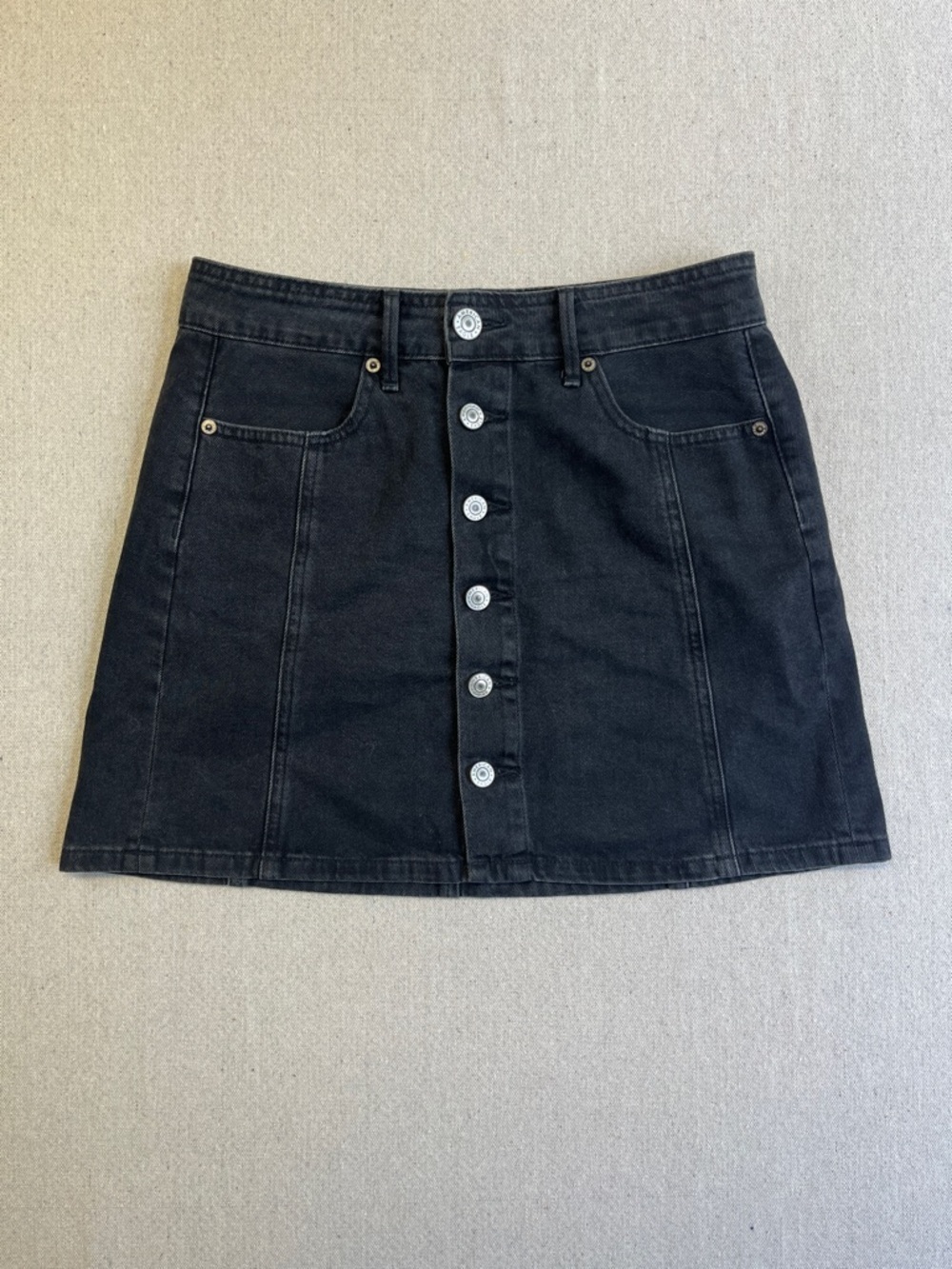 American Eagle Black Denim Button Front Mini Skirt High Rise Size 2